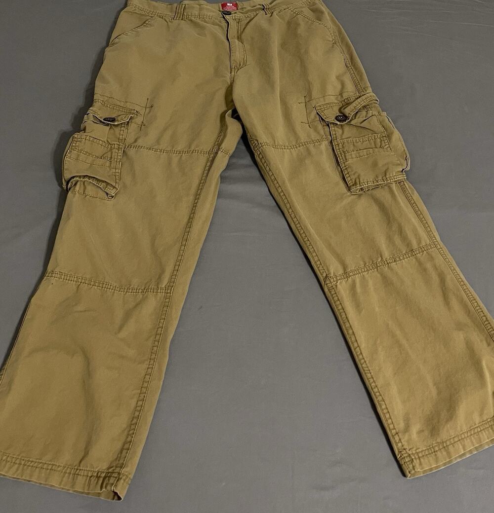 PJMARK Cargo Pants Mens 36 Khaki Canvas Straight Leg Regular Fit Flat Front